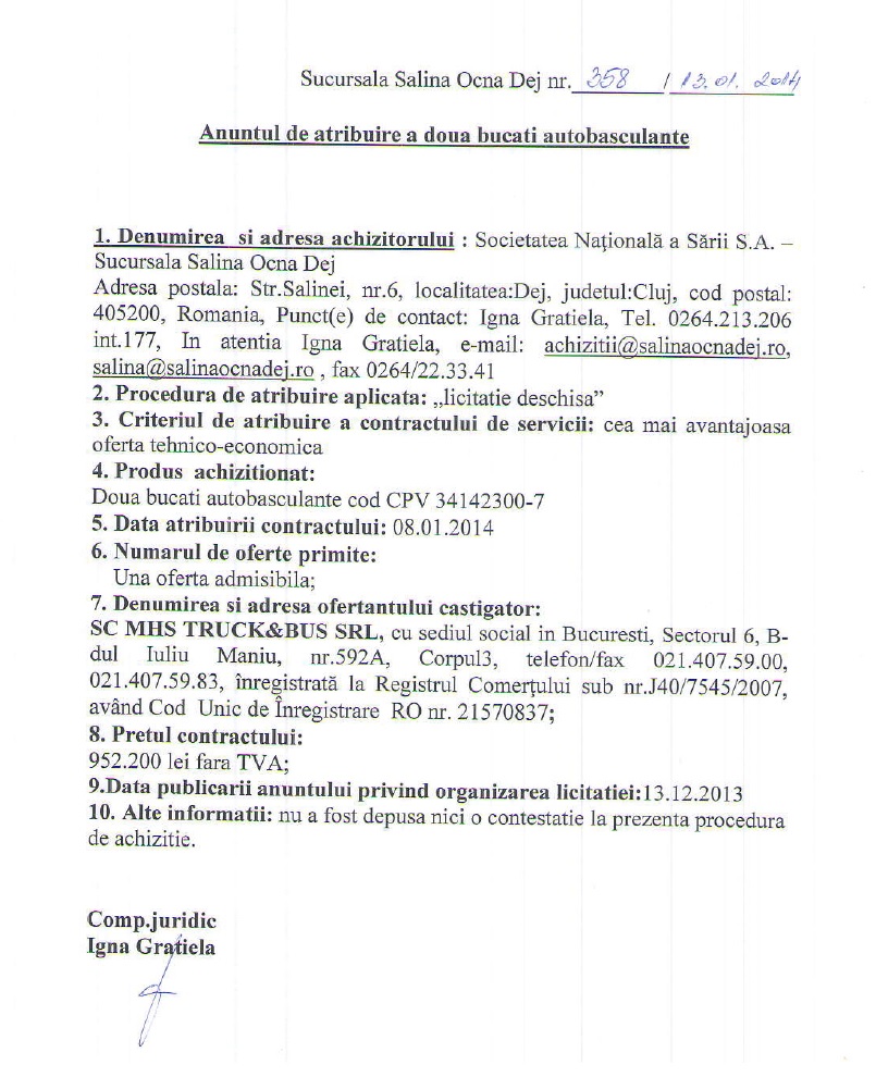 Anunt atribuire doua bucati autobasculante