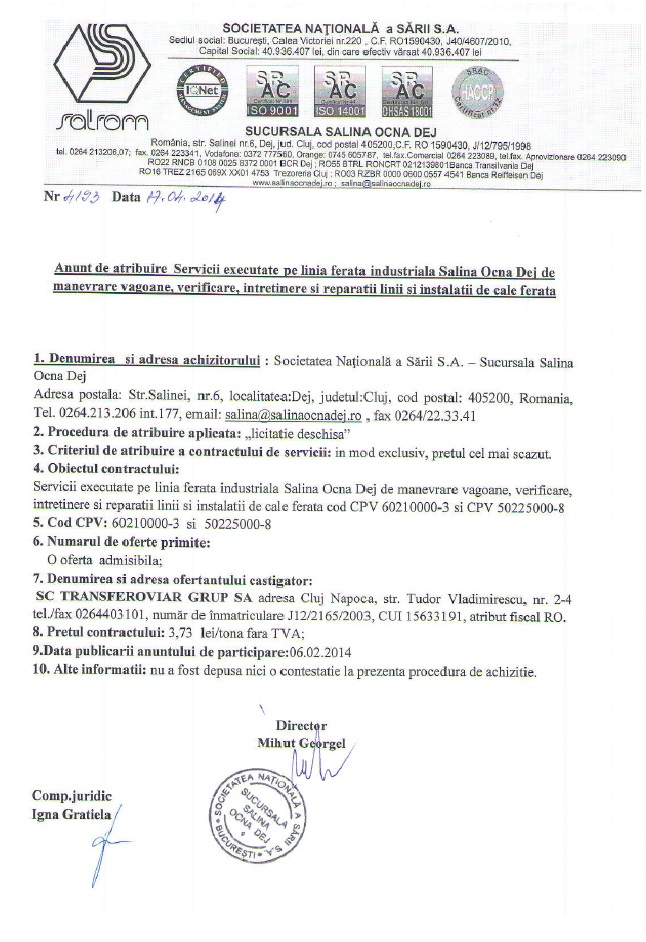 ANUNT DE ATRIBUIRE SERVICII MANEVRA